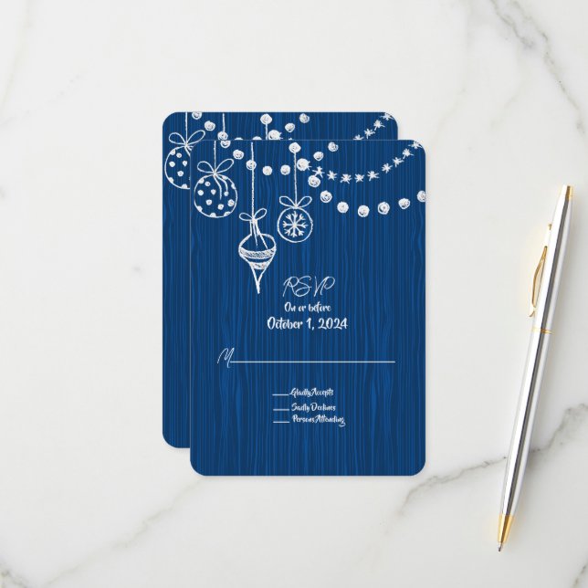 Cartão RSVP Designs Brancas De Casamento De Natal A Azul (Frente/Verso In Situ)