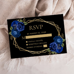 Cartão RSVP Detalhes do Casamento Dourado Geo Negro Real Blue 
