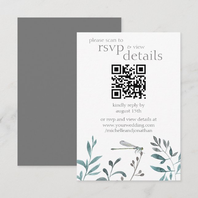 Cartão RSVP Detalhes do Código QR de Casamento de Dragonfly Mo (Frente/Verso)