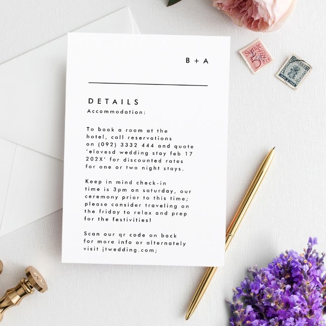 Cartão RSVP Detalhes Simples do Monograma Branco Preto (Criador carregado)