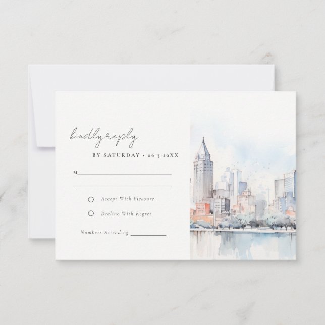 Cartão RSVP Detroit Michigan Watercolor Landscape Wedding (Frente)