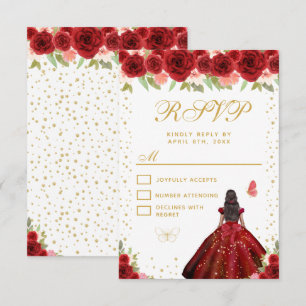 Cartão RSVP Dezesseis Anos Princesa de Pele Morena Floral Verm