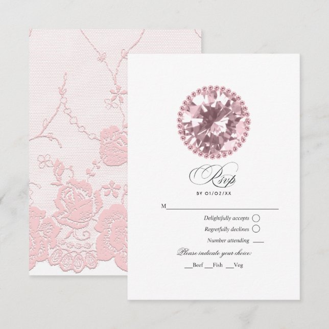 Cartão RSVP Diamante Rosa Quinceañera (Frente/Verso)