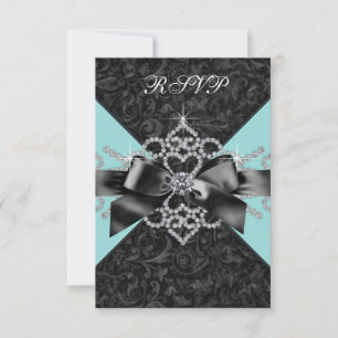 Cartão RSVP Diamantes Azul Teal Preto Festa de Aniversário de 