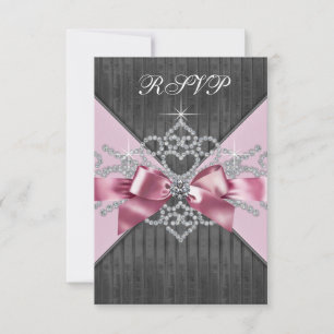 Cartão RSVP Diamantes Brancos Rosa Preto Festa de Aniversário