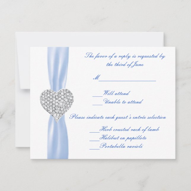 Cartão RSVP Diamond Heart Blue Wedding Response Card (Frente)