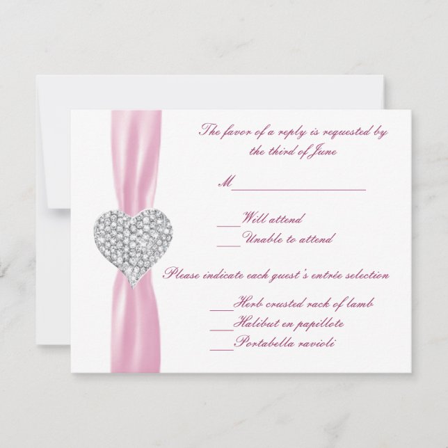Cartão RSVP Diamond Heart Pink Wedding Response Card (Frente)