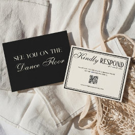 Cartão RSVP Dinheiro Antigo Marfim Creme Preto Fancy Código QR