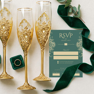 Cartão RSVP Dinheiro Antigo Verde Brasão Vintage Casamento