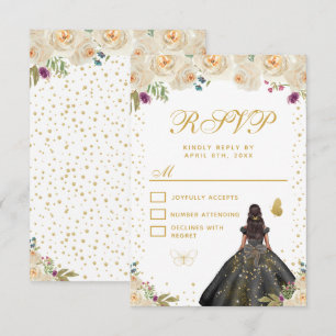 Cartão RSVP Doce Dezesseis Princesa de Pele Morena Floral Crem