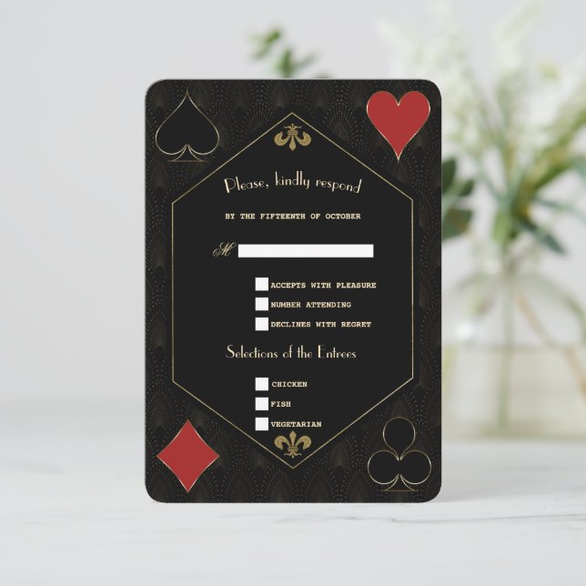 Cartão RSVP Dourada Arte Deco Gatsby Casino Vegas Poker Weding (Em pé/Frente)