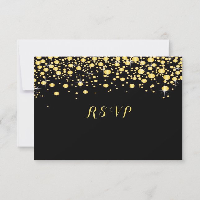 Cartão RSVP Dourada Confetti em Preto, Personalizado, (Frente)