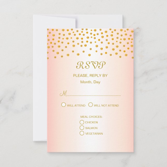Cartão RSVP Dourada Confetti sobre o casamento Dourado Rosa (Frente)