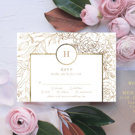 Cartão RSVP Dourada Elegante branca Monograma Wreath Weding RS