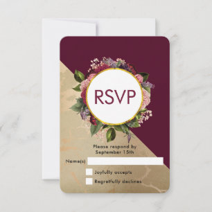 Cartão RSVP Dourada Marble Pattern e Burgundy Floral Wedes