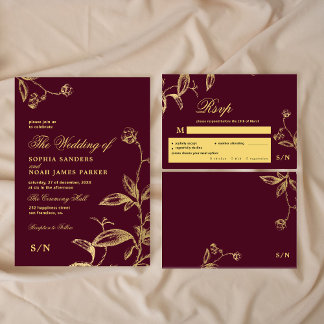 Cartão RSVP Dourada refeição elegante de burgundy com refeição