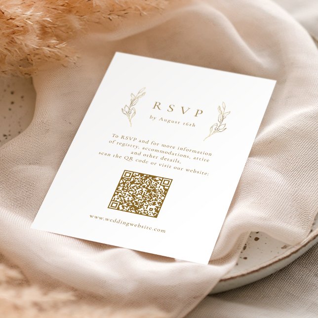 Cartão RSVP Dourada simples elegância botânica QR code casamen (Gold simple elegance botanical QR code wedding RSVP Card)