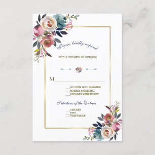 Cartão RSVP Dourado Azul Rosa  VP de Casamento