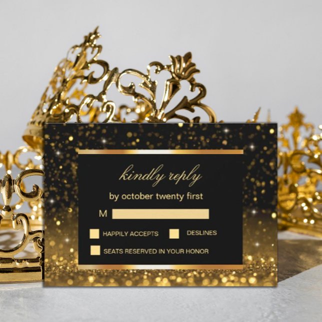 Cartão RSVP Dourado brilho negro moderno (#zazzlemade #weddings gold, #rsvpcard  #gold and black #sparklescard)