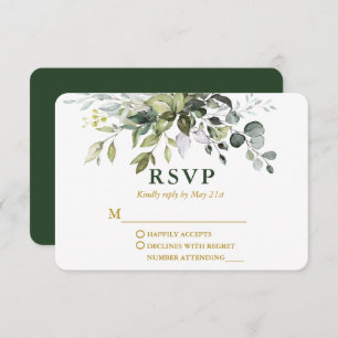 Cartão RSVP Dourado Casamento de Verde Elegante Moderno