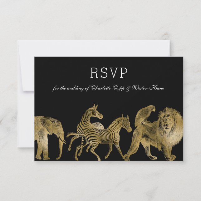 Cartão RSVP Dourado Casamento de Zoológico de Animais Africano (Frente)