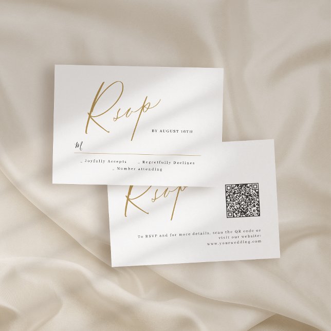 Cartão RSVP Dourado casamento elegante moderno e minimalista (Gold elegant modern script minimalist wedding RSVP card)