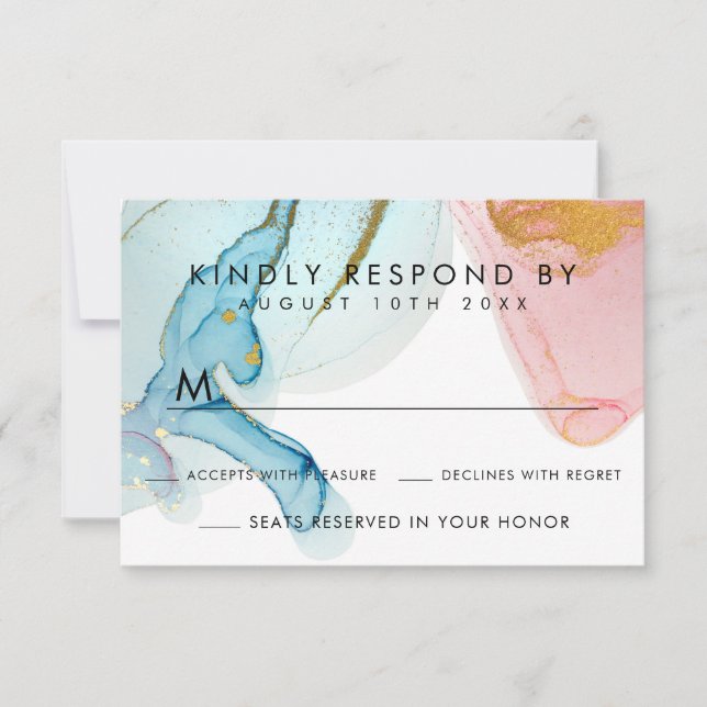 Cartão RSVP Dourado de Casamento Azul Cor-de-Água  (Frente)