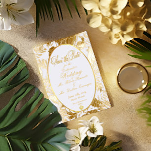 Cartão RSVP Dourado Destino Tropical Casamento Salvar a Data