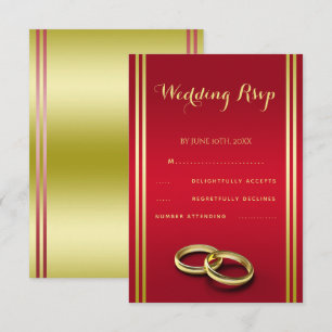 Cartão RSVP Dourado e vermelho legante, Casamento de Anéis de