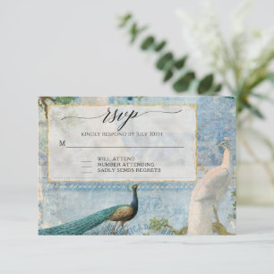 Cartão RSVP Dourado Elegante Branco Azul da Vintage Moderna