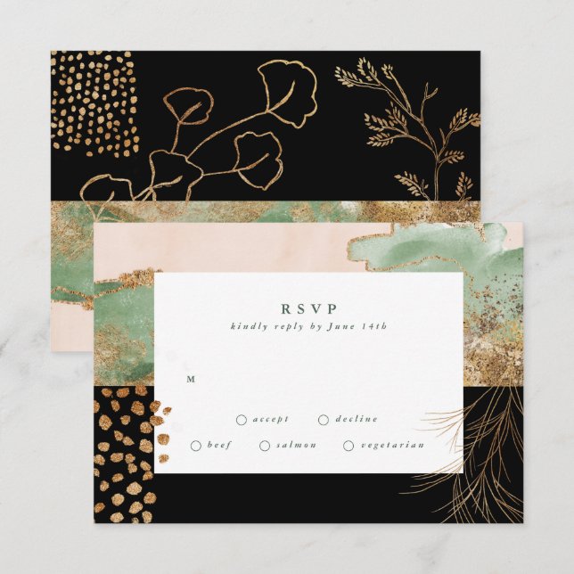Cartão RSVP Dourado Eucalyptus Abstrato Greenery Onyx (Frente/Verso)