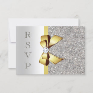 Cartão RSVP Dourado Falso Arco Meias Pérolas Prateadas Diamant