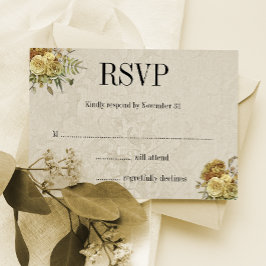 Cartão RSVP Dourado Floral e Cream Damask Boho Wedding