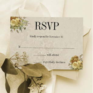 Cartão RSVP Dourado Floral e Cream Damask Boho Wedding