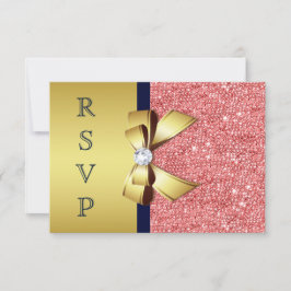 Cartão RSVP Dourado Naval Coral Lantejoulas Diamantes Laço RSV