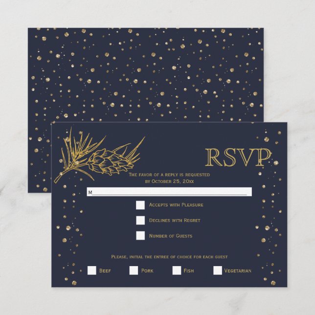 Cartão RSVP Dourado pinheiro brilhante, casamento no inverno a (Frente/Verso)