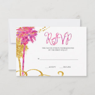Cartão RSVP Dourado Rosa Watercolor Beach Bat Mitzvah
