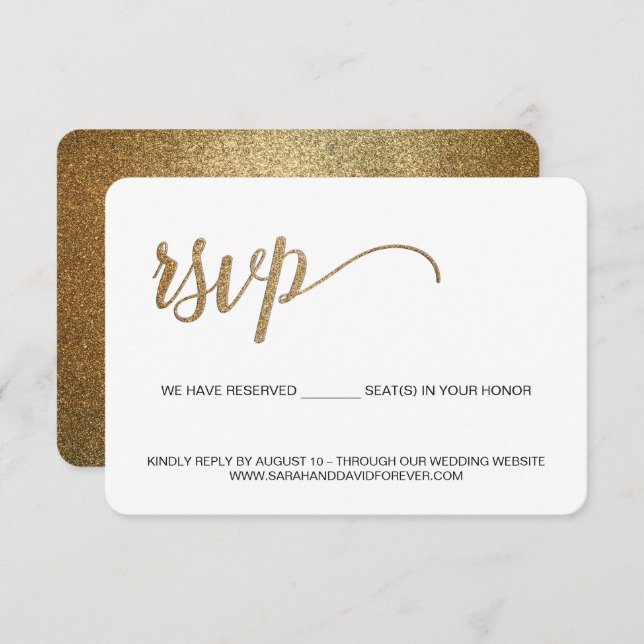 Cartão RSVP Dourado site de casamento White sem envio (Frente/Verso)