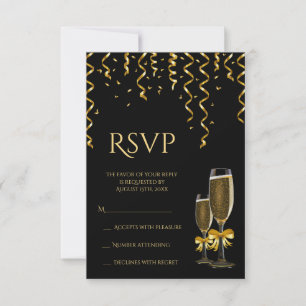 Cartão RSVP Dourado Streamers e Champagne Natal