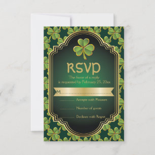 Cartão RSVP Dourado, verde, trevo irlandês e quadro casamento