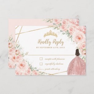 Cartão RSVP Dourado vestido de Coroa da Princesa Floral Quince