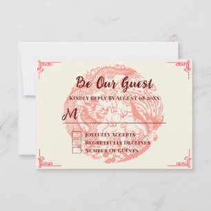 Cartão RSVP Dragão e fênix Red Beige, casamento chinês