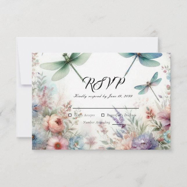 Cartão RSVP Dragonflies and Pastel Florals Wedding (Frente)