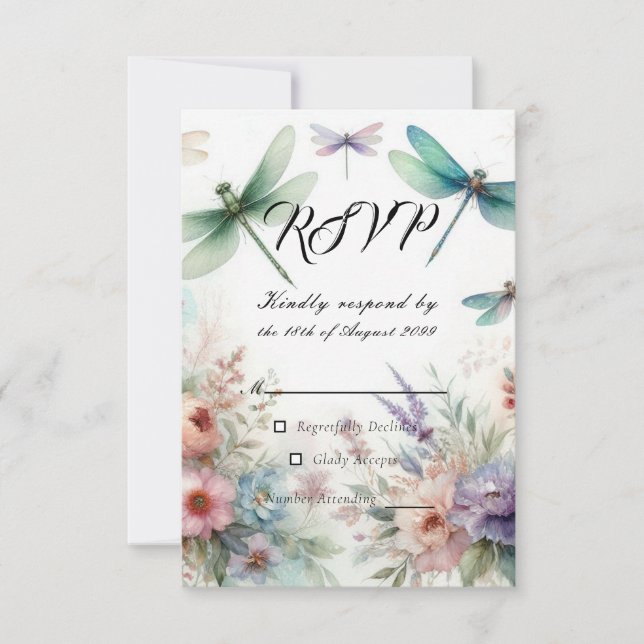 Cartão RSVP Dragonflies and Pastel Florals Wedding (Frente)