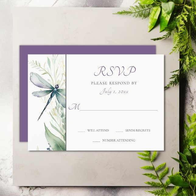 Cartão RSVP Dragonfly bonito e Casamento Verde (Pretty Watercolor Dragonfly and Greenery Wedding RSVP Card)
