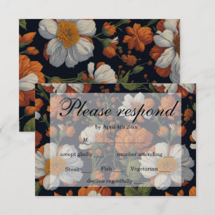 Cartão RSVP Dramatic Orange White Retro Flores elegantes
