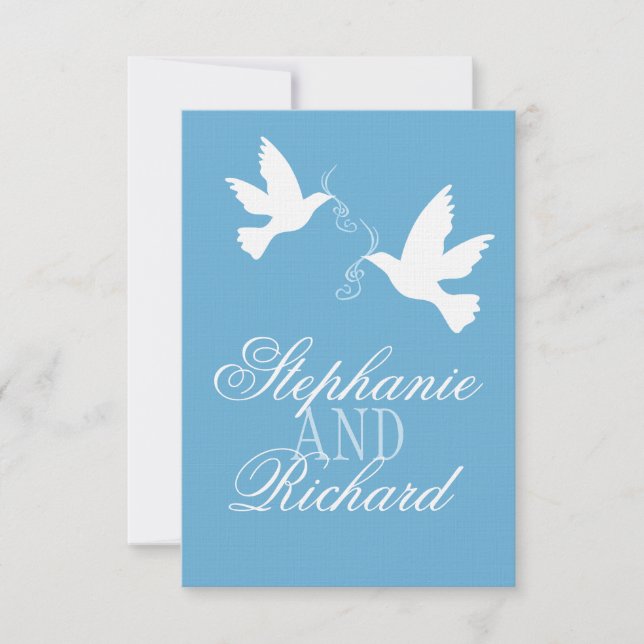 Cartão RSVP Duas aves brancas de amor azul casamento formal RS (Frente)