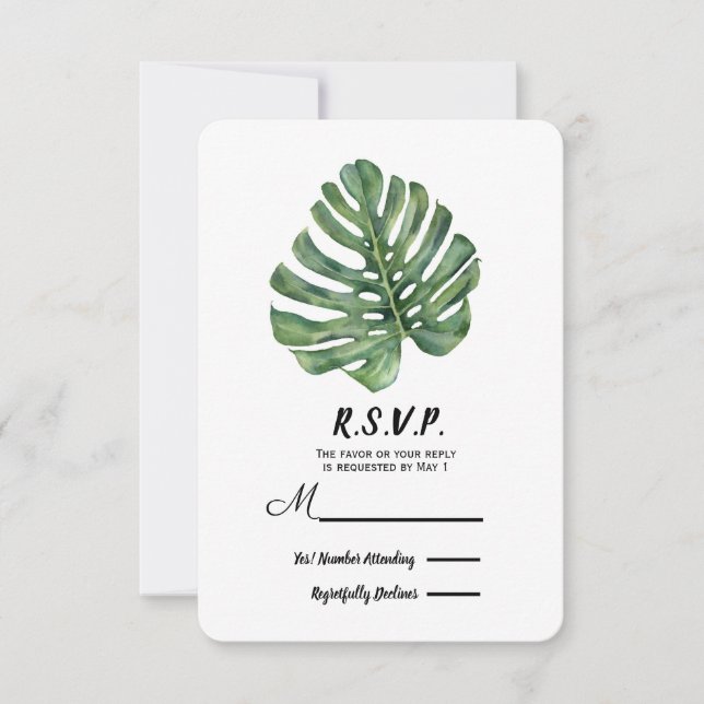 Cartão RSVP Duas Folhas de Palmeira Elegantes Casamento Tropic (Frente)