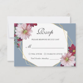 Cartão RSVP Dusty Blue Blush Burgundy Casamento Floral Dourado
