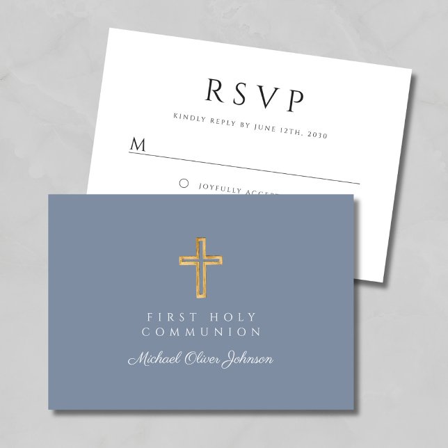 Cartão RSVP Dusty Blue Boy Religião Primeira Comunhão (Dusty Blue Boy Religious Cross First Communion RSVP Card)